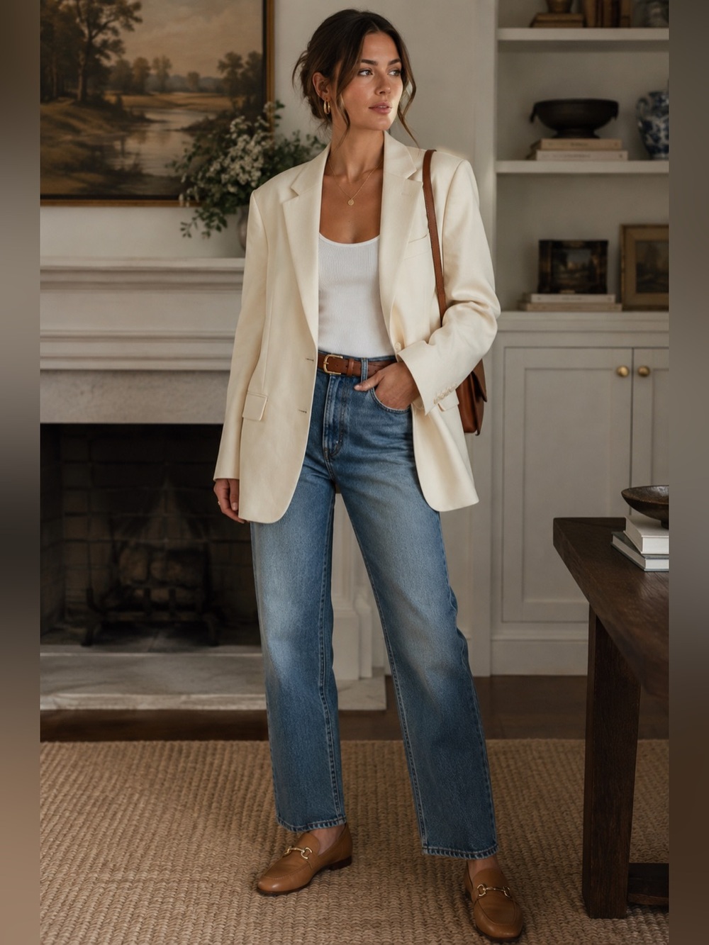 Lauren Ralph Lauren 40R Ivory Silk Wool Oversized Boyfriend Blazer Women